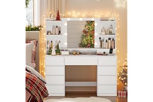 VASAGLE Kailyn Collection - Vanity Desk with Mirror and 9 LED Bulbs, Vanity Makeup Table with Power Outlets, Dressing Table with 9 Drawers, for Bedroom, Cloud White URDT141WB01S