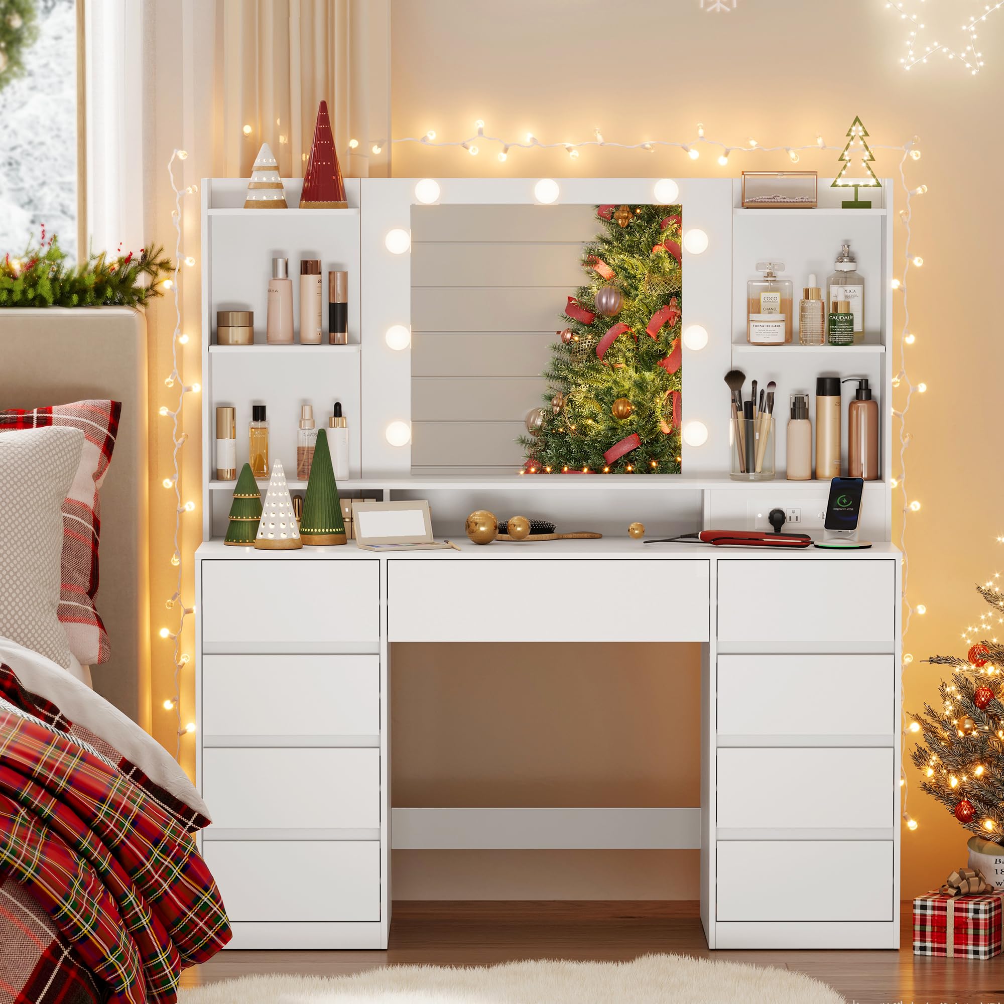 Photo 1 of VASAGLE Kailyn Collection - Vanity Desk with Mirror and 9 LED Bulbs, Vanity Makeup Table with Power Outlets, Dressing Table with 9 Drawers, for Bedroom, Cloud White URDT141WB01S