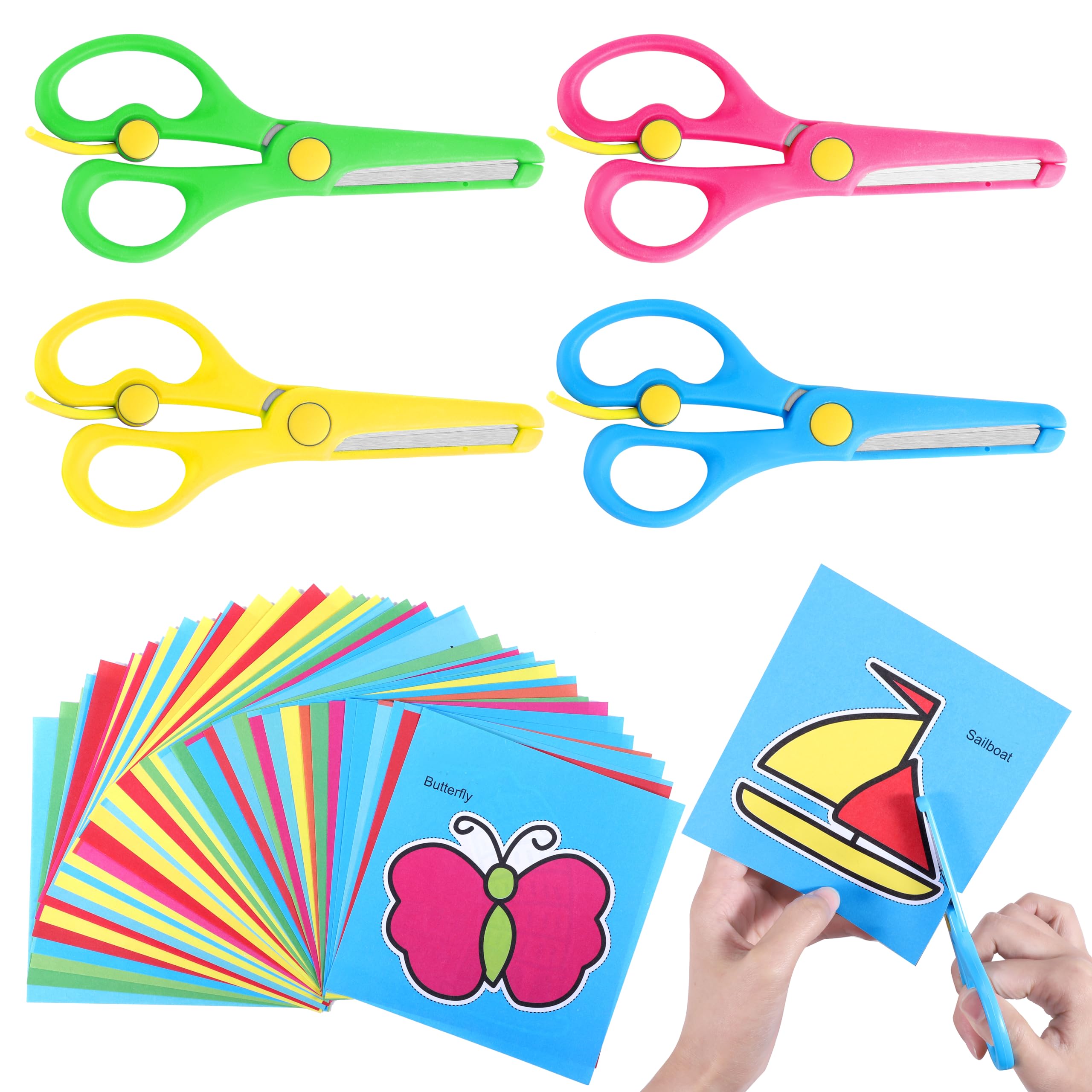 4 Pcs Kids Scissors with 93 Colorful Animal Paper-Cuts, Childrens Safety Stainless Steel Scissors Safety Edge Plus Stretch Design Right/Left Handed