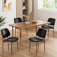 REONEY Dining Chairs Set of 4, Mid-Century Modern Upholstered PU Leather Chairs with Walnut Bentwood Back and Metal Legs Adjustable Feet for Kitchen Dining Room, Black Shell Strips