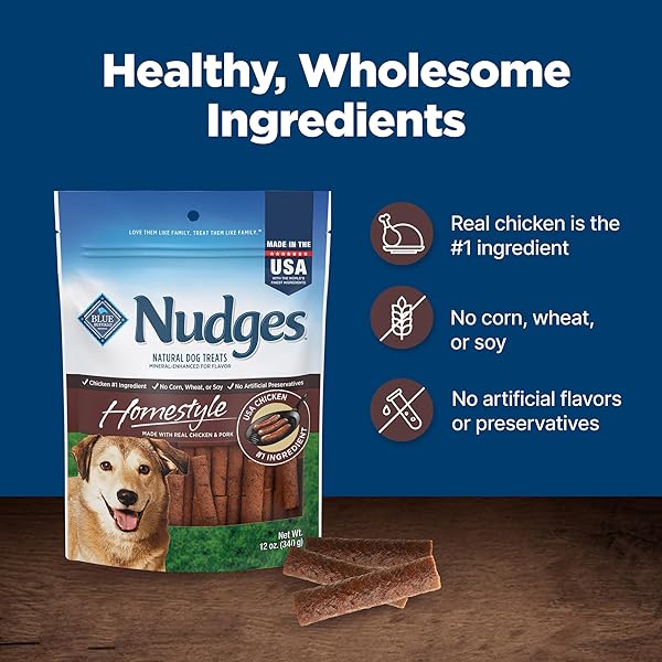 BLUE BUFFALO NUDGES HOMESTYLE NATURAL DOG TREATS, CHICKEN AND PORK, 12-OZ BAG