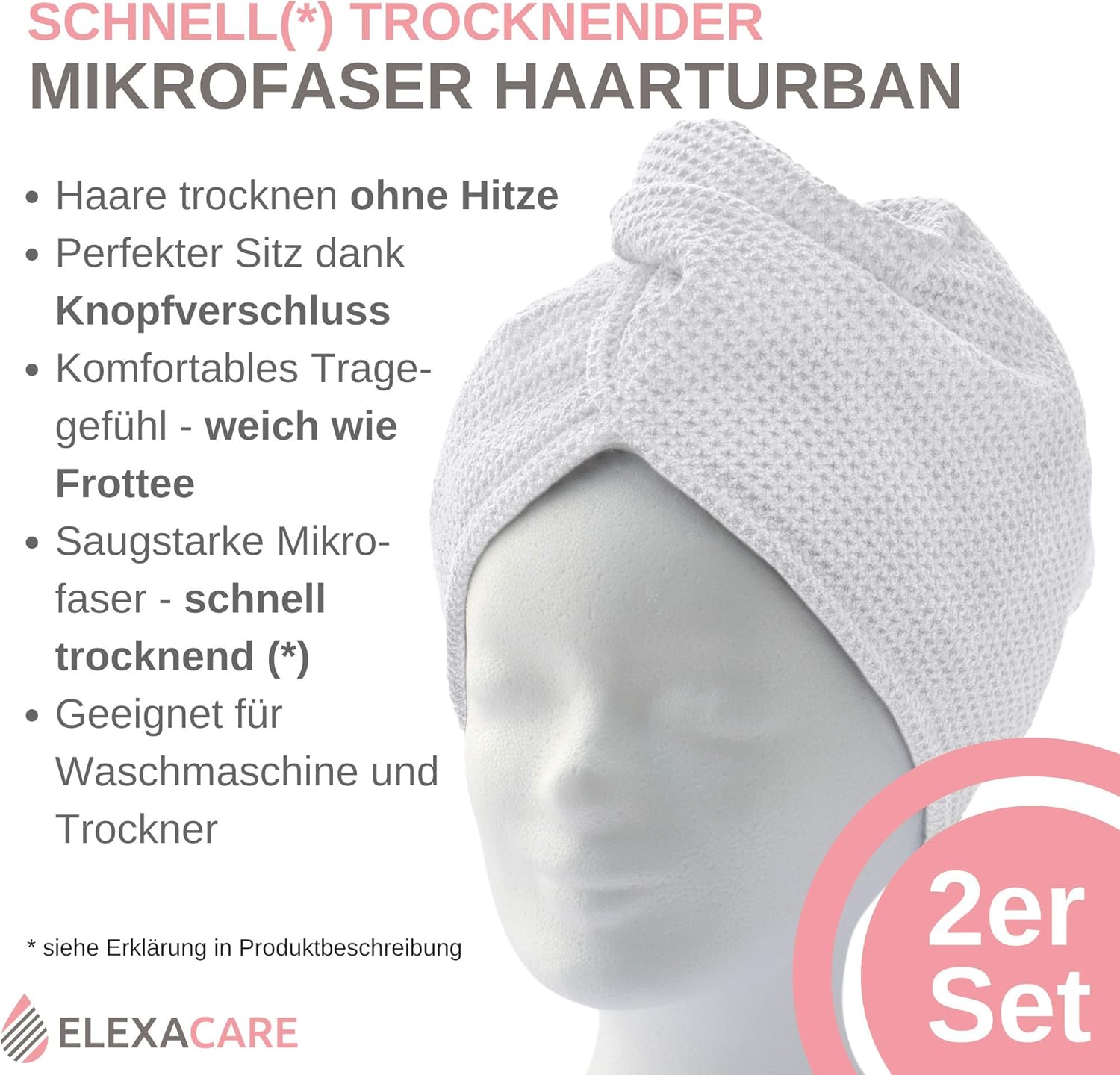 elexacare haarturban turban handtuch mit knopf 2 stuck alpinweiss mikrofaser handtuch fur kopf und lange haare