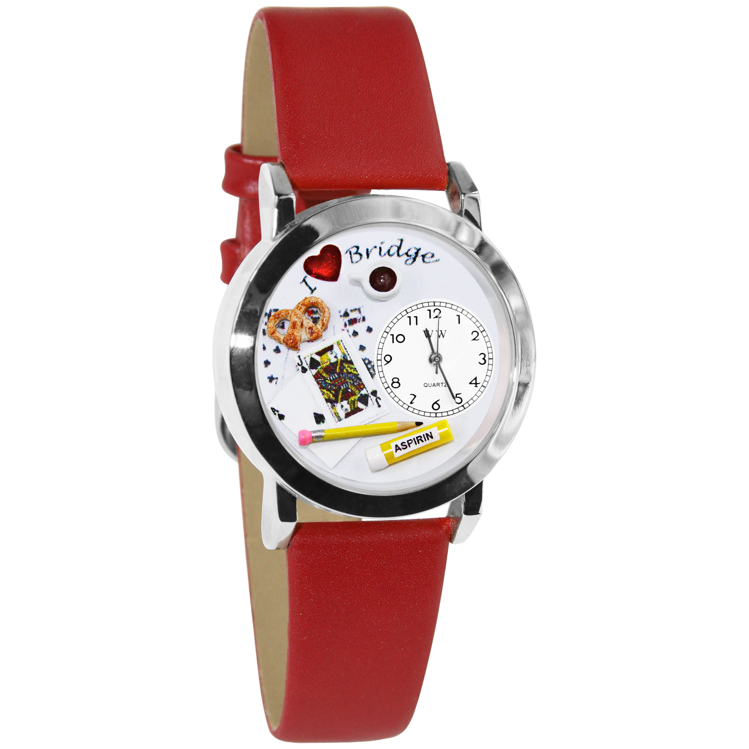 Whimsical Watches Bridge Red Leather and Silvertone Unisex Quartz Watch with White Dial Analogue Display and Multicolour Leather Strap S-0430005