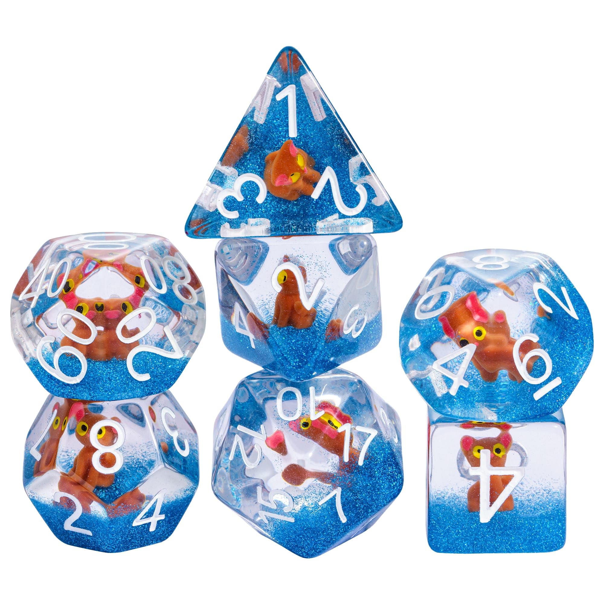 cusdie 7-Die DND Dice, Polyhedral Animal Dice Set Filled with Brown Cat, for Dungeons and Dragons Role Playing Game D&D Dice（Brown Cat） — image 1