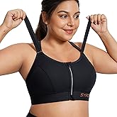 SYROKAN Womens' Sports Bra High Impact Support Zip Front Adjustable Large Bust Racerback Wirefree Padded