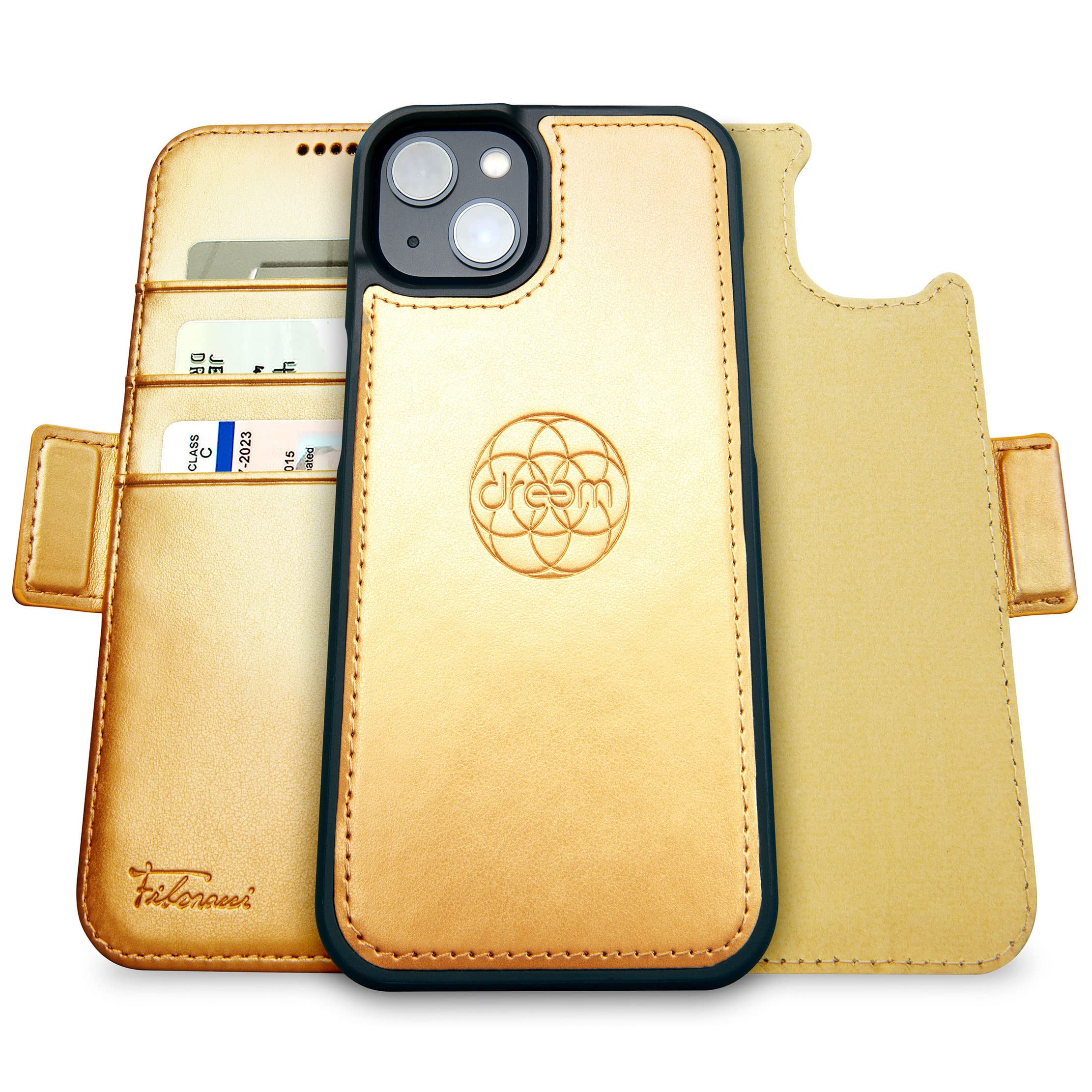 dreem 3-in-1 Wallet Case for iPhone 14/16e/17e | Built-In Kick-Stand, Magnetic Detachable Vegan Leather Flip Cover with RFID Blocking Card Holder, MagSafe Compatible, Gift Box [Fibonacci: Gold]