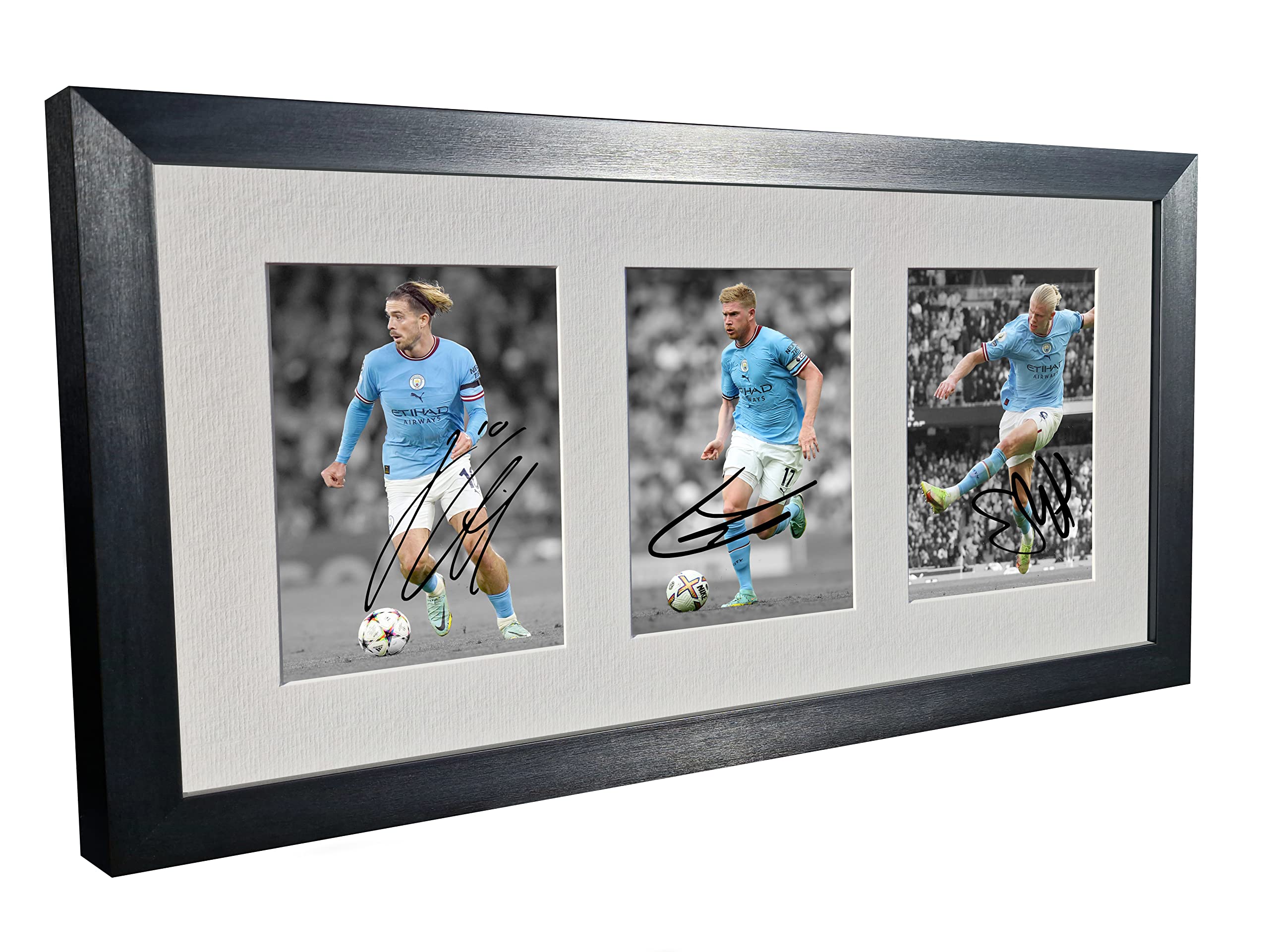 Signed Black 2022/23 Manchester City - Jack Grealish - Kevin De Bruyne - Erling Haaland - Autographed Photo Photograph Picture Frame Football Soccer Poster Gift