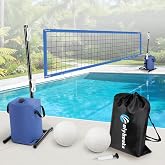 Swimming Pool Volleyball Net Set, Max 30ft &amp; 4-Height Adjustable | Angled Tension Poles + 2 Water-Filled Bags for Superior Stability | Pool Volleyballs + Storage Bag