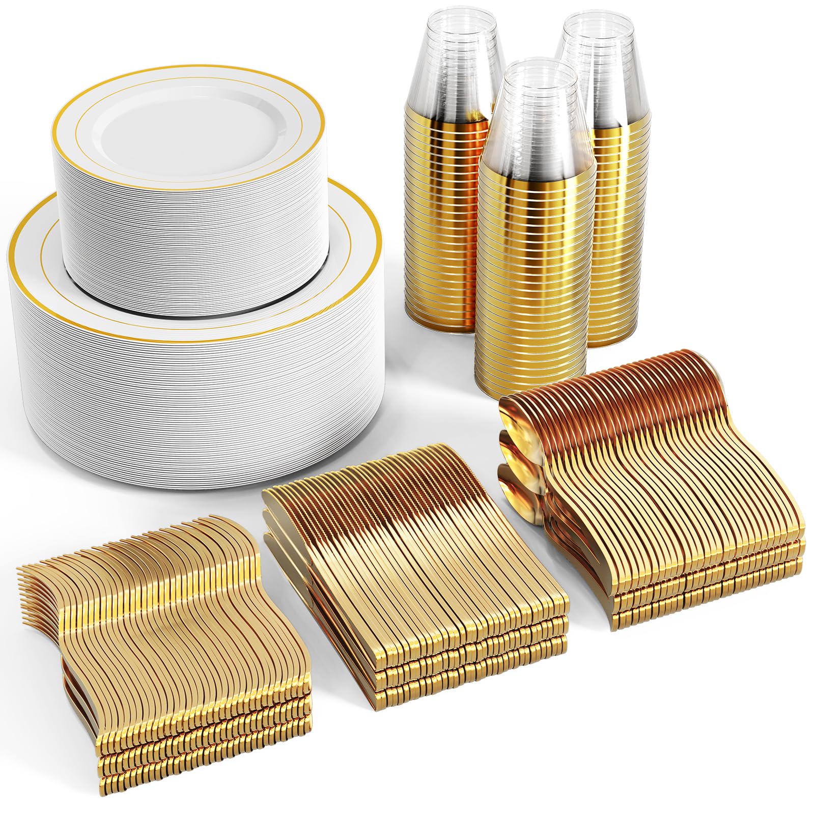Photo 1 of FOCUSLINE 600 Ct Gold Dinnerware Set for 100 Guests - Gold Rimmed Disposable Plastic Plates, Includes 100 Dinner & Salad Plates, Cups, Cutlery Set for Wedding Parties