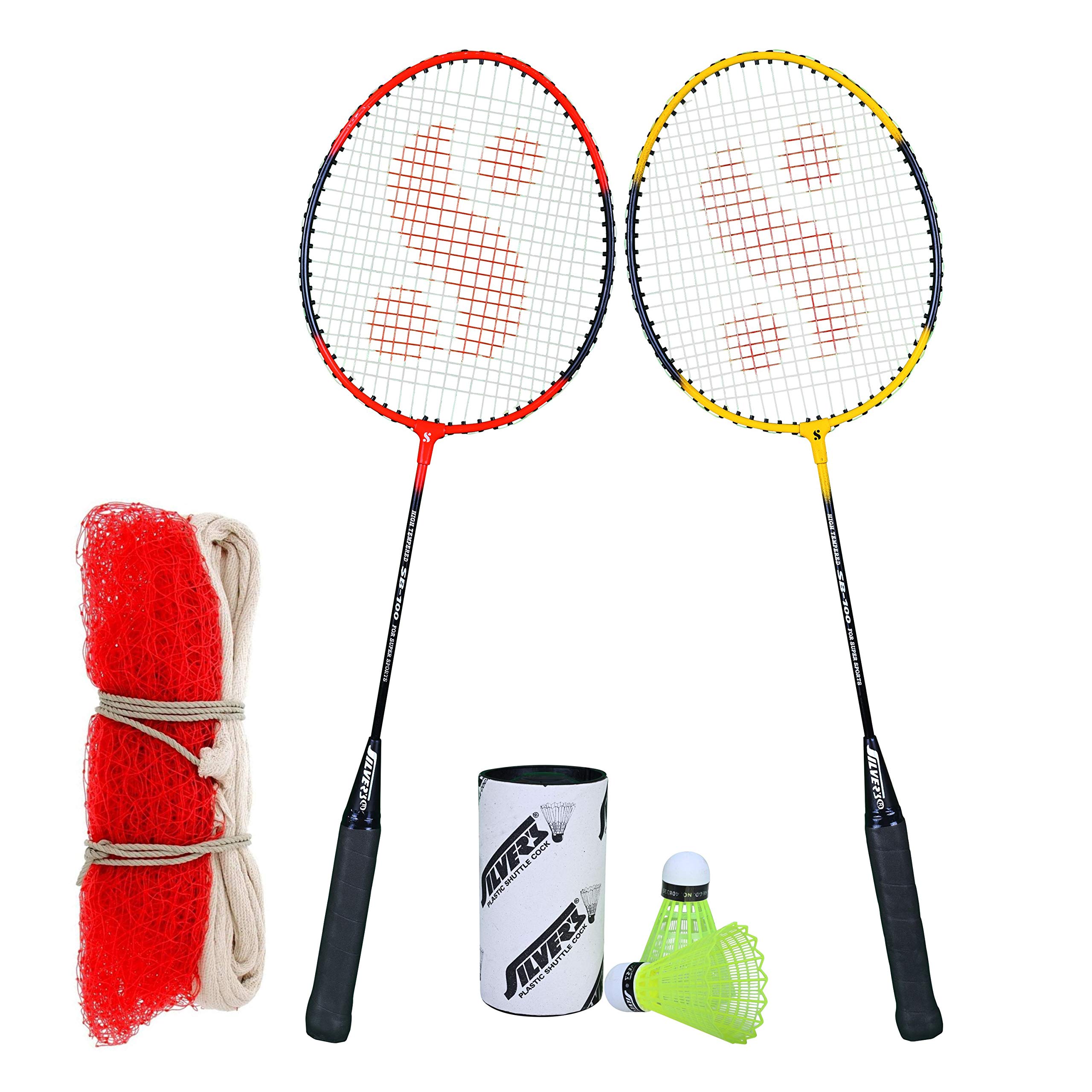 Silver's SB-100 Combo-6 (2 B/Rackets + 2 Pcs Plastic Shuttle + 1pc. Badminton Net Nylon) Red-Yellow