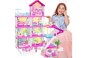 BLAST ORBY Doll Houses for Girls, Dream Doll House with LED for 7-8 Year Old, 4-Story 7 Rooms with 3 Doll Toy Figure and Furniture & Accessories, Pool Party Doll House, Toy Gifts for Kids Ages 3 4 5 6 7 8 9+
