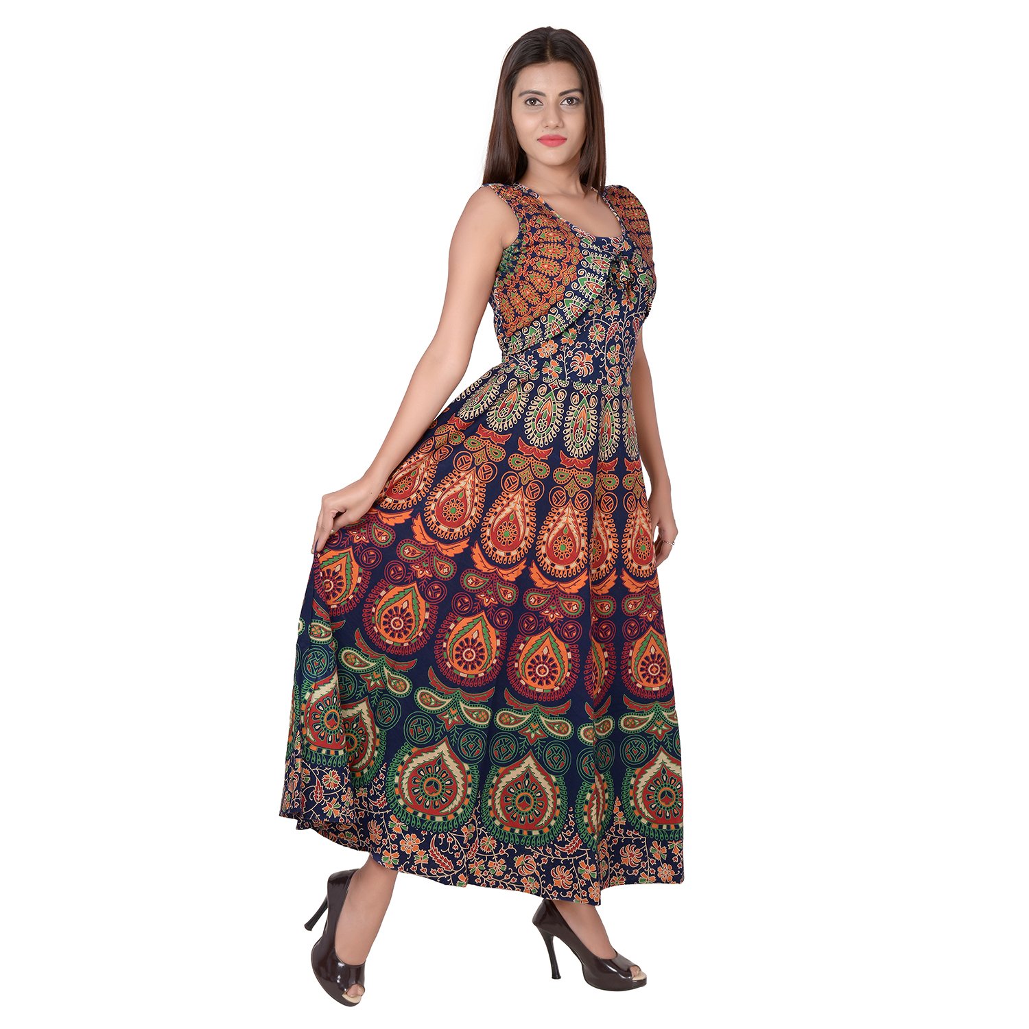 jaipuri fashionista designer cotton women's maxi long dress jaipuri printed with atteched jacket(free size upto 44-xxl)