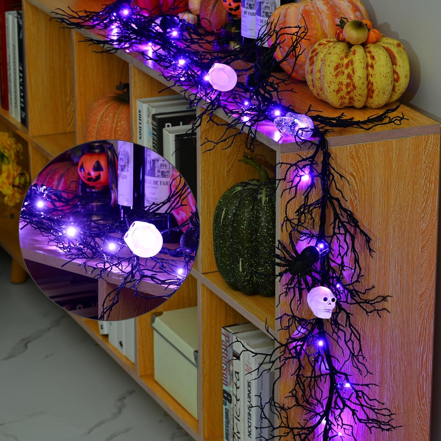 Wreaths, Garlands & Swags - CHEAWRTZ Halloween Garland Halloween Decorations 6FT Black Garland with Timer LED Skull Spider Lights Decor Halloween Gatherings Haunted House Parties for Fireplace Wall Table Indoor Outdoor Use