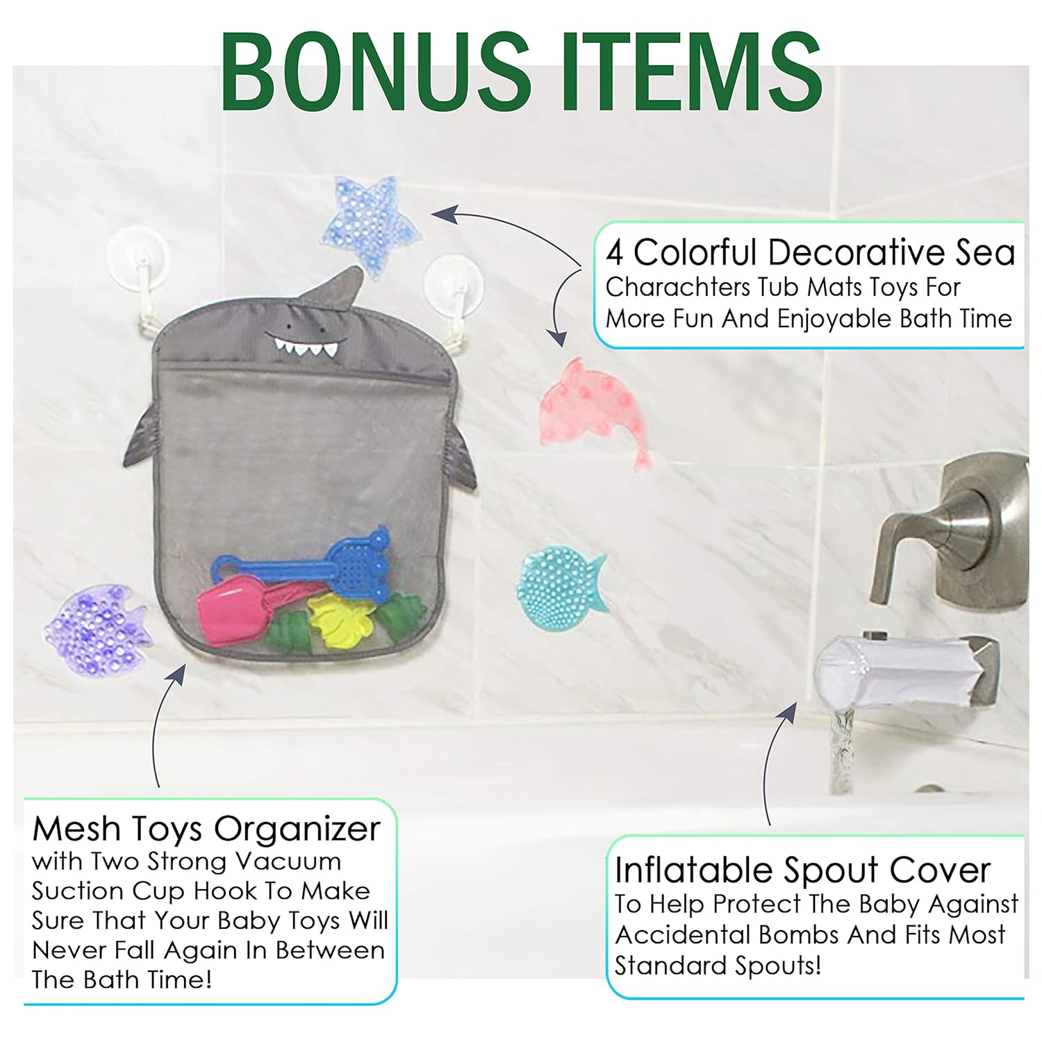 AK Brothers Bath Kneeler with Elbow Rest pad Set, Kneeling Mat with Three Extra Bonuses, Inflatable Spout Cover, Mesh Toys Organizer, 4 Colorful Decorative Tub Mats Toys in Tote Bag. Baby Shower Gift : Baby