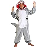 Kid's Shark Costume Onesie - Hooded Jumpsuit & Fins for Halloween Ocean Theme School Events or Dress-Up Party