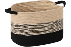 PATVINGOT 13"x10"x9" Cotton Rope Storage Basket, Woven Baskets with Handles for Organizing Home Office, Shelves, Nursery, Laundry, and Toys,Empty Gift Basket (Khaki/Black, 1 Pack)