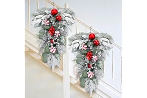 FineCheer 2 Pcs Christmas Teardrop Swags for Front Door 22 Inch Artificial Pine Swag Sliver White Mailbox Swag Decoration for Xmas Door Stair Window Fireplace Wall Shelf Hanging Decor (Berries)