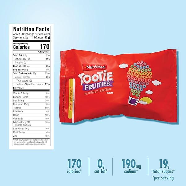 MALT-O-MEAL TOOTIE FRUITIES BREAKFAST CEREAL, COLORFUL AND FRUITY CEREAL FOR THE FAMILY, FAMILY CEREAL SIZE, 30 OZ RESEALABLE CEREAL BAG
