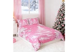FEELYOU Christmas Tree Bedding Duvet Cover Set Girls Pink Xmas Snowflake Bedding Set Women Kids Glitter Merry Christmas Decor Comforter Cover Set Microfiber Bedspread Cover Bedroom Bedclothes Twin Size