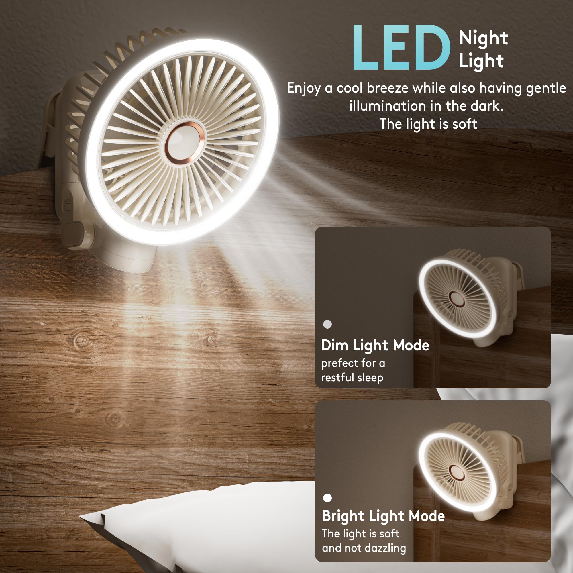 Personal Fan, 4-Speed Oscillating and 360°Rotating with LED Light, 4-in-1 Handheld/Desk/Clip-On/ Wall-Mounted Portable Fan, 5400mAh Rechargeable, Ideal for Travel/Camping/Stroller (11inch, Beige)