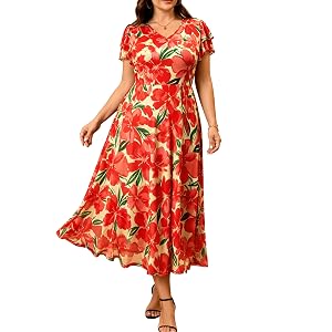 RWJ Plus Size Floral Maxi Dress 2026 Summer V Neck Wedding Guest Dresses | Short Sleeve, Long Flowy, Boho, Mesh Dress, Lightw