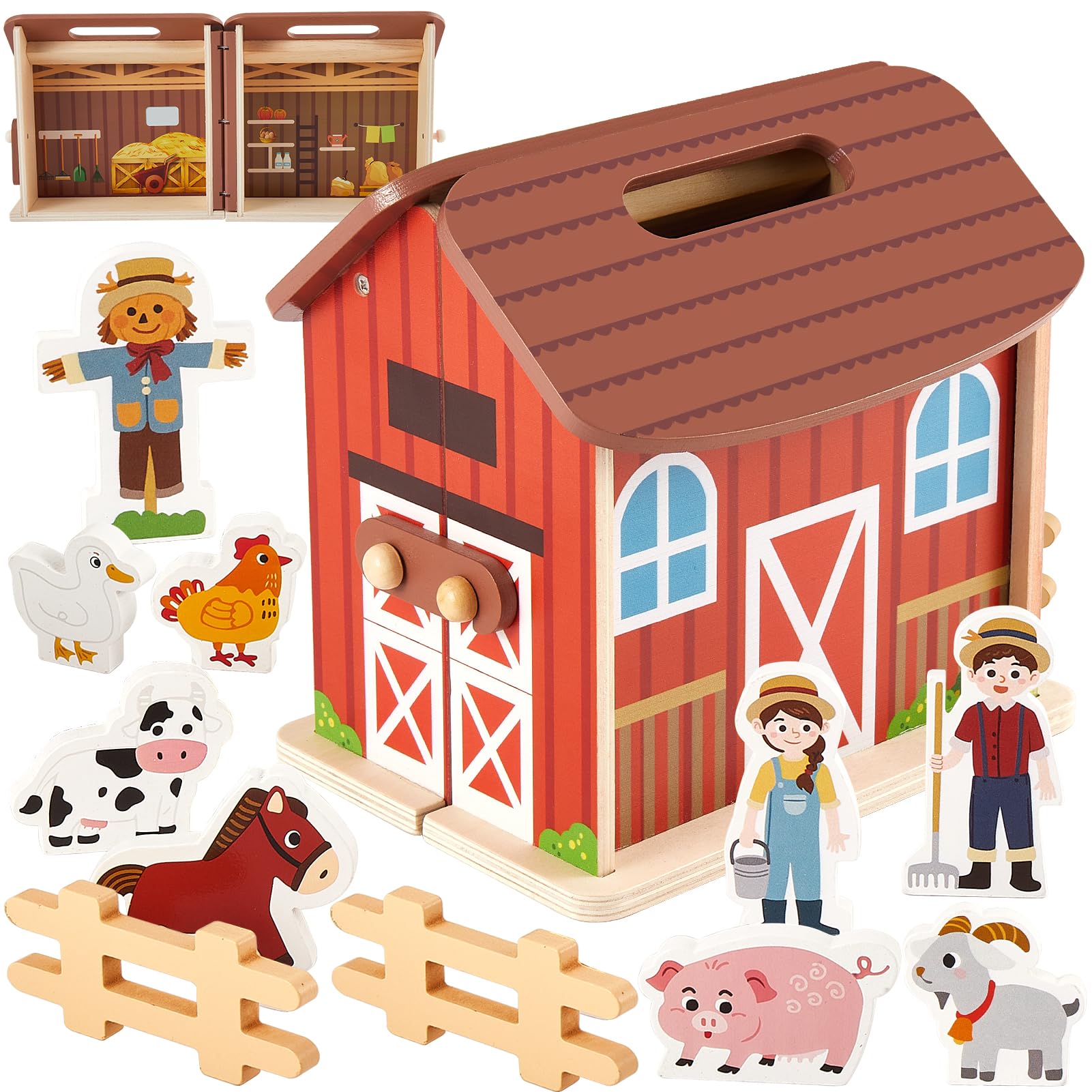HERSITY Wooden Farm House with Animals Toy, Kids Farm Barn House Toy Set, Farmyard Animals Figures Playset Montessori Pretend Play Gifts for 3 4 5 Year Olds Toddler Children Boys Girls