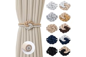 Contoeey Magnetic Curtain Tiebacks Holdbacks - Wood Tie Backs Rope Holder with Floral Knot Design for No Drill Easy Install, Modern Boho Home Decor (2Pack, Beige+White)