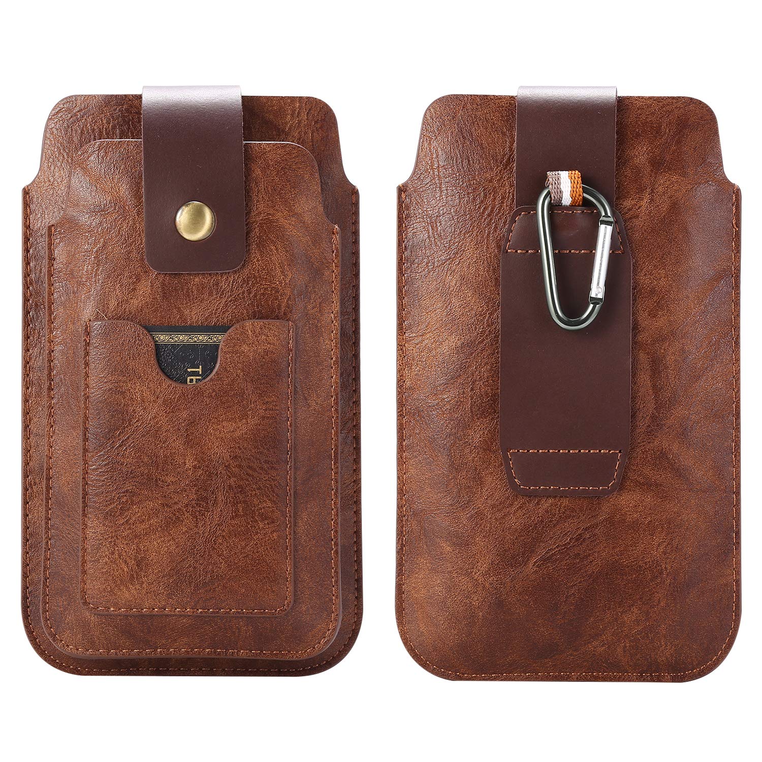 Cell Phone Belt Clip Holster Leather, Cell Phone Waist Belt Bag Men, Vertical Leather Mobile Phone Belt Pouch Smartphone Wallet Pocket Travel Outdoor Carrying Case with Card Holder Carabiner Hook