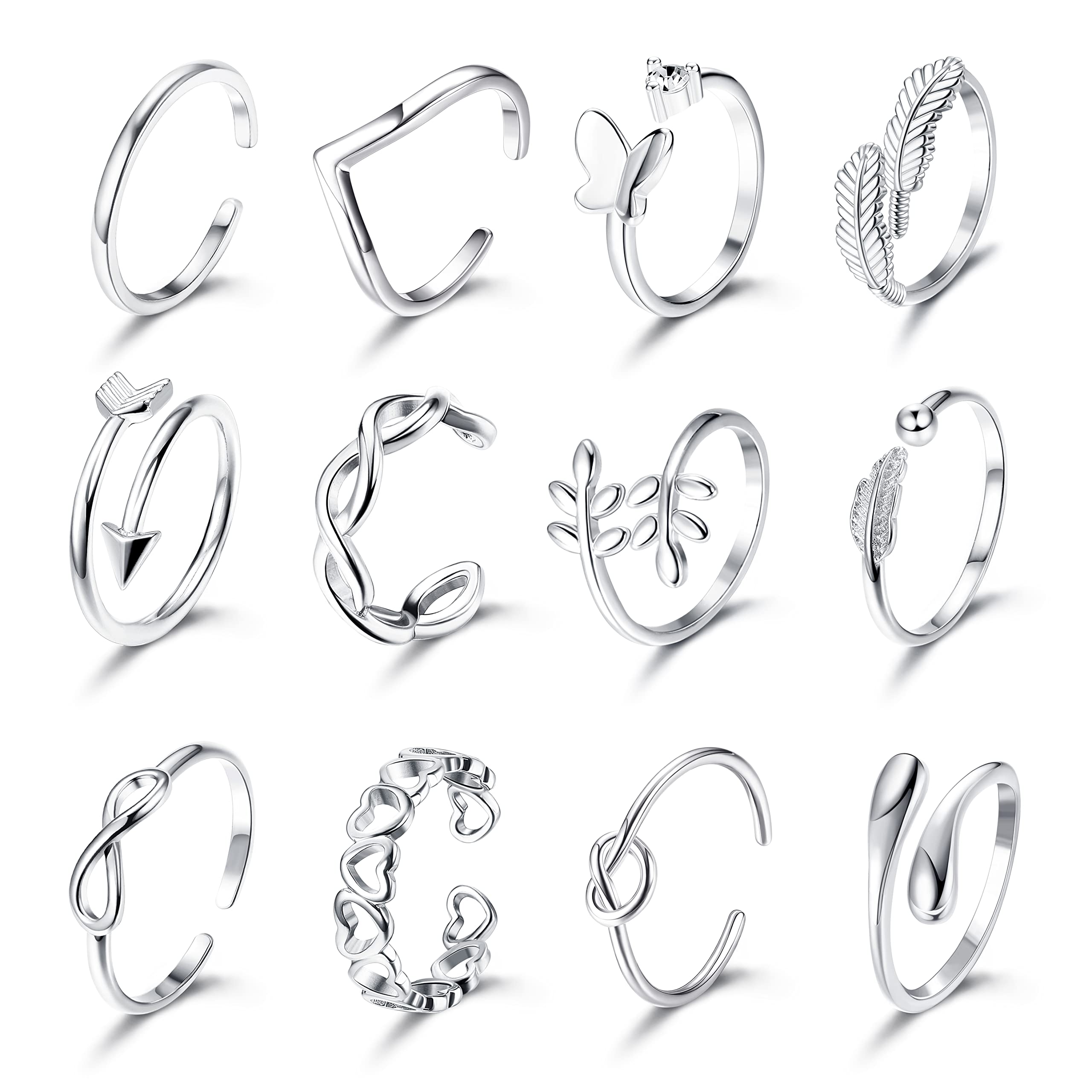 KALVICA 12 Pcs Silver Adjustable Open Rings Set for Women Finger Ring Joint Ring Toe Ring Jewelry Ring Gifts for Women Girls