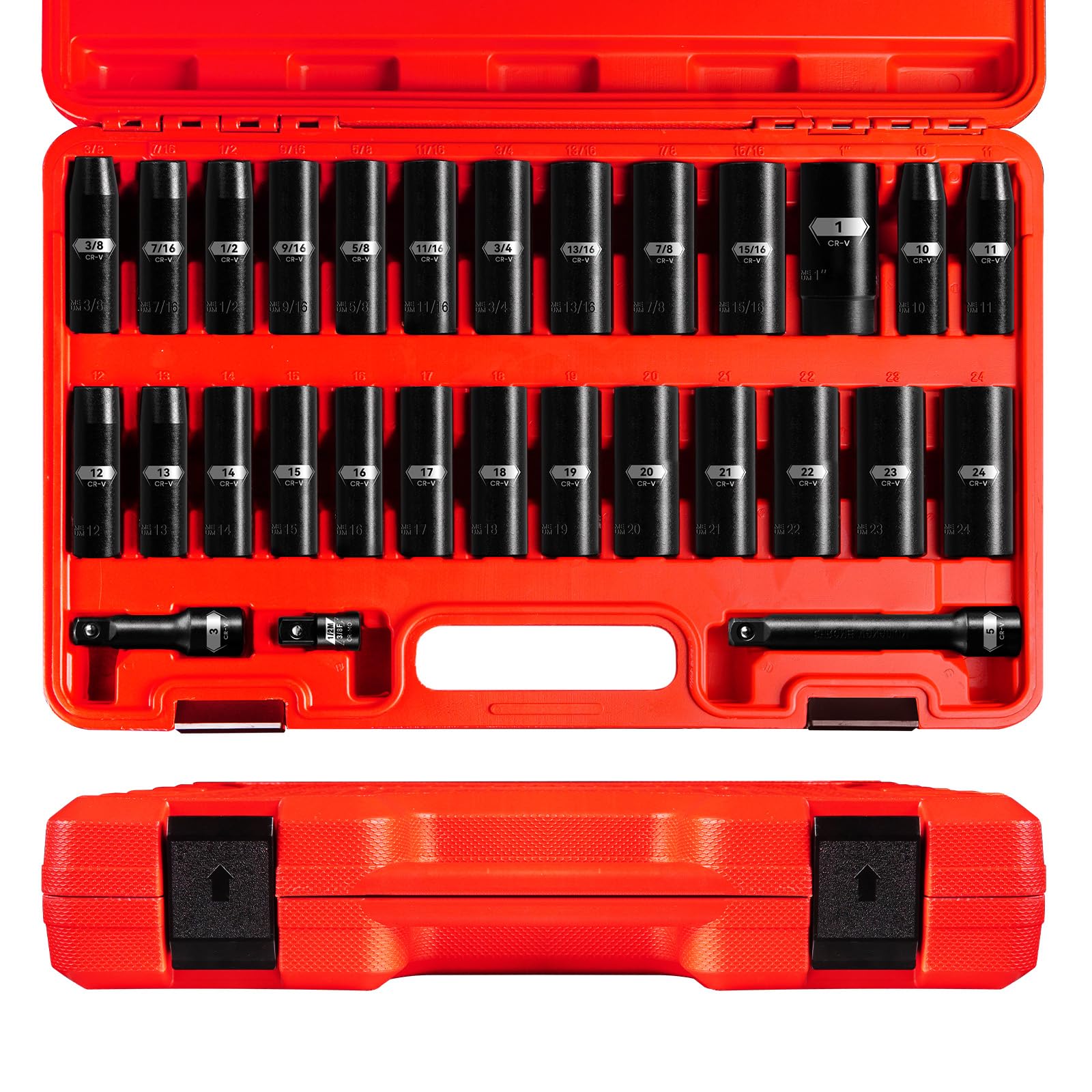 PGROUP 1/2 Inch Drive Deep Impact Socket Set, 29-Piece Standard 6 Point SAE and Metric Sizes (3/8" - 1", 10mm - 24mm), Chrome Vanadium Steel, with 3", 5" Impact Extension Bars and Socket Adapter Image