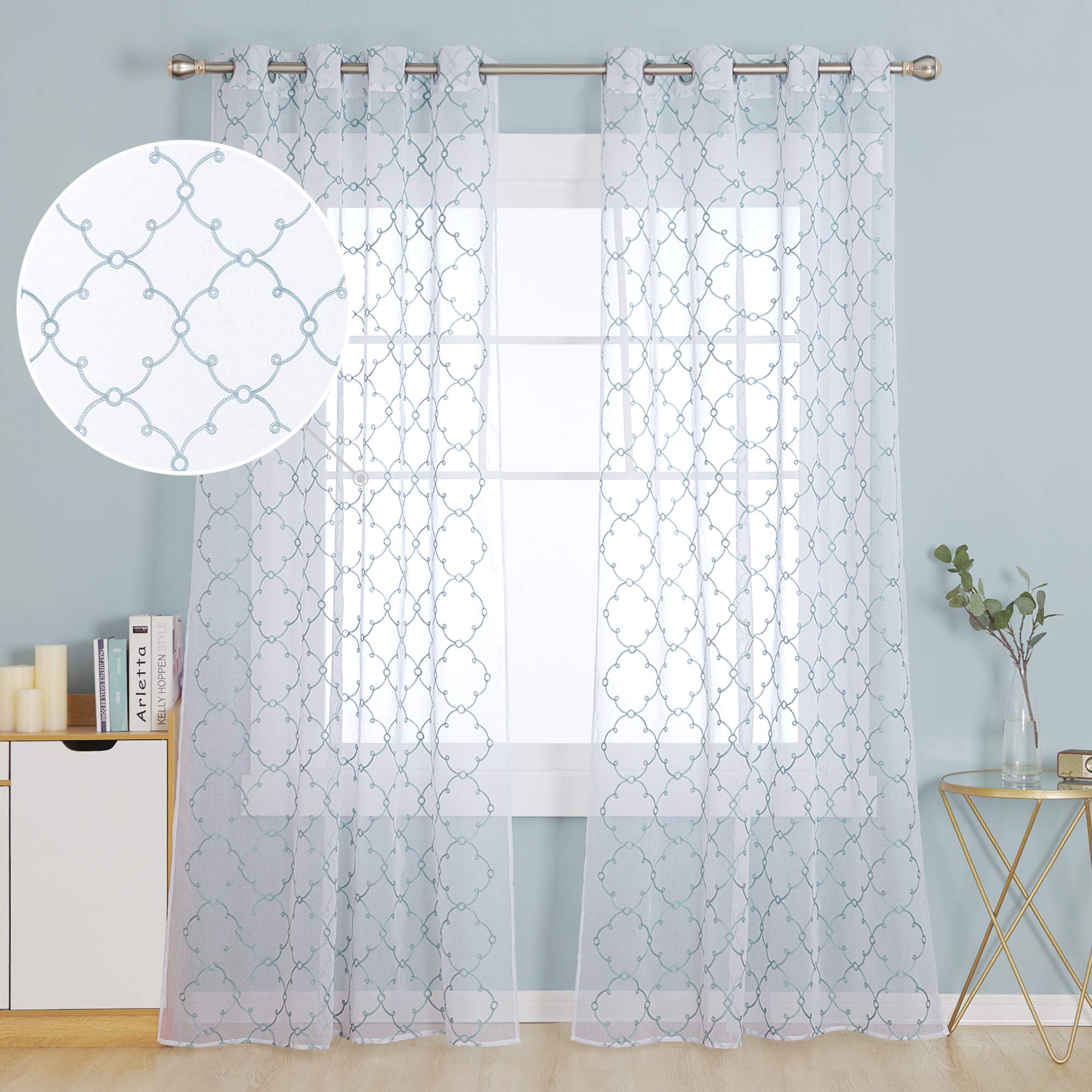 Deconovo Eyelet Faux Linen Net Curtains Embroidery Diamond Voile Curtains Super Soft Semi Sheer Curtains 55 x 114 Drop Inch Blue 1 Pair