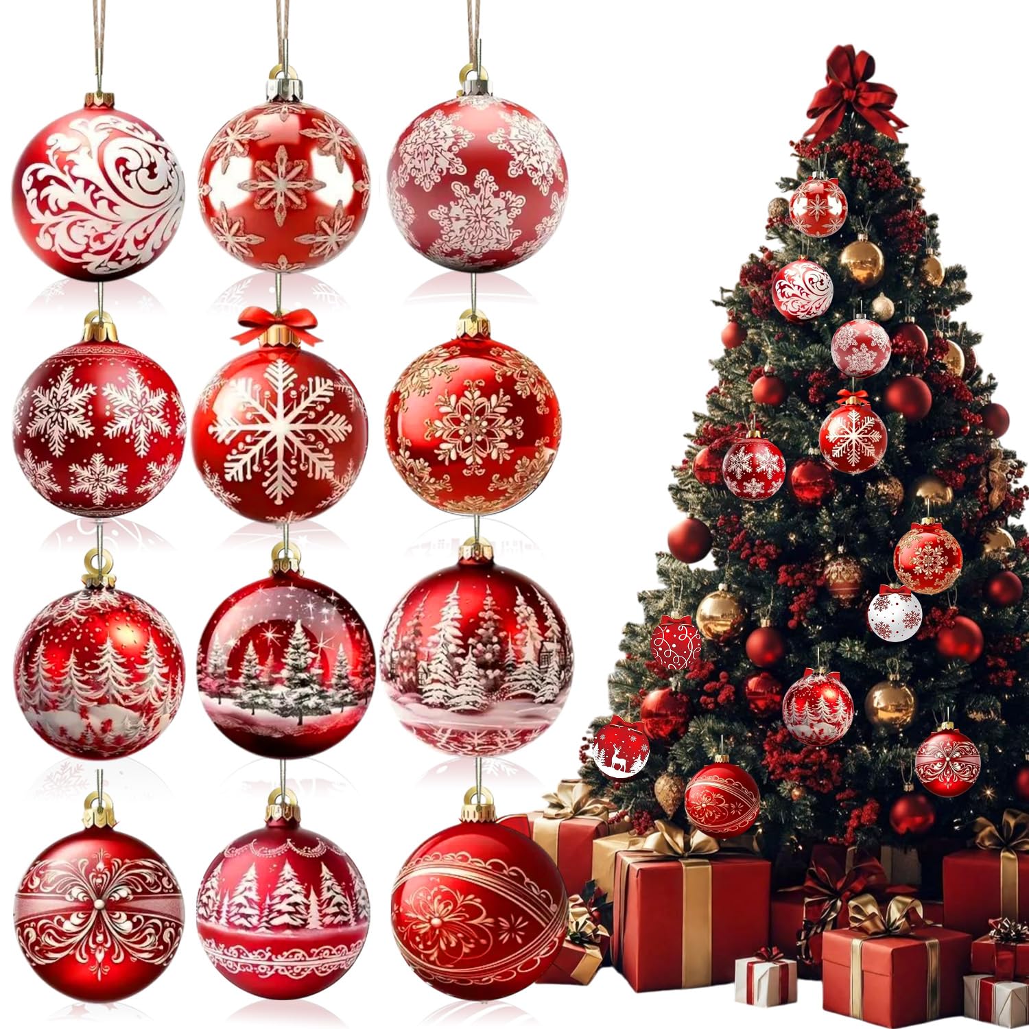 Photo 1 of 12Pcs Christmas Wooden Ornaments Red Gift Ball Tree Decorations Snowflake Xmas Trees Hanging Ornaments with Double Sided Printing Design Santa Decorations for Winter Holiday Party Home Supplies