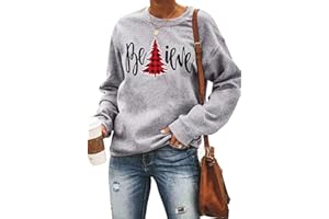 LHBNK Believe Christmas Shirt Womens Believe Plaid Print Tree T-Shirt Xmas Long Sleeve Sweatshirt Holiday Shirts Tops