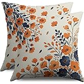 Blue Burnt Orange Fall Floral Pillow Covers 18X18 Set of 2, Autumn Colored Themed Flower Decorative Throw Pillowcases Holiday Seasonal Outdoor Farmhouse Cushion Cases Couch Sofa Bed Home Decor