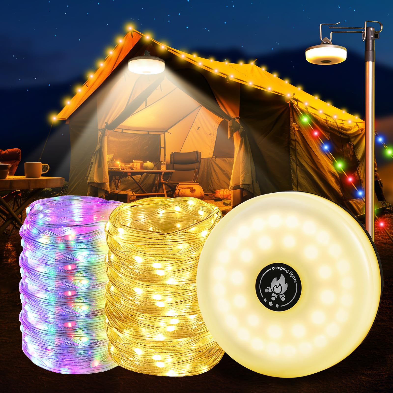 CLIUNT Camping String Lights, 32.8Ft/10M 4 in 1 Camp Lamp with 8 Modes, Quick Storage, Better Camper String Lights, Outdoor Waterproof Portable Stowable String Light, Fairy Lights for Camping