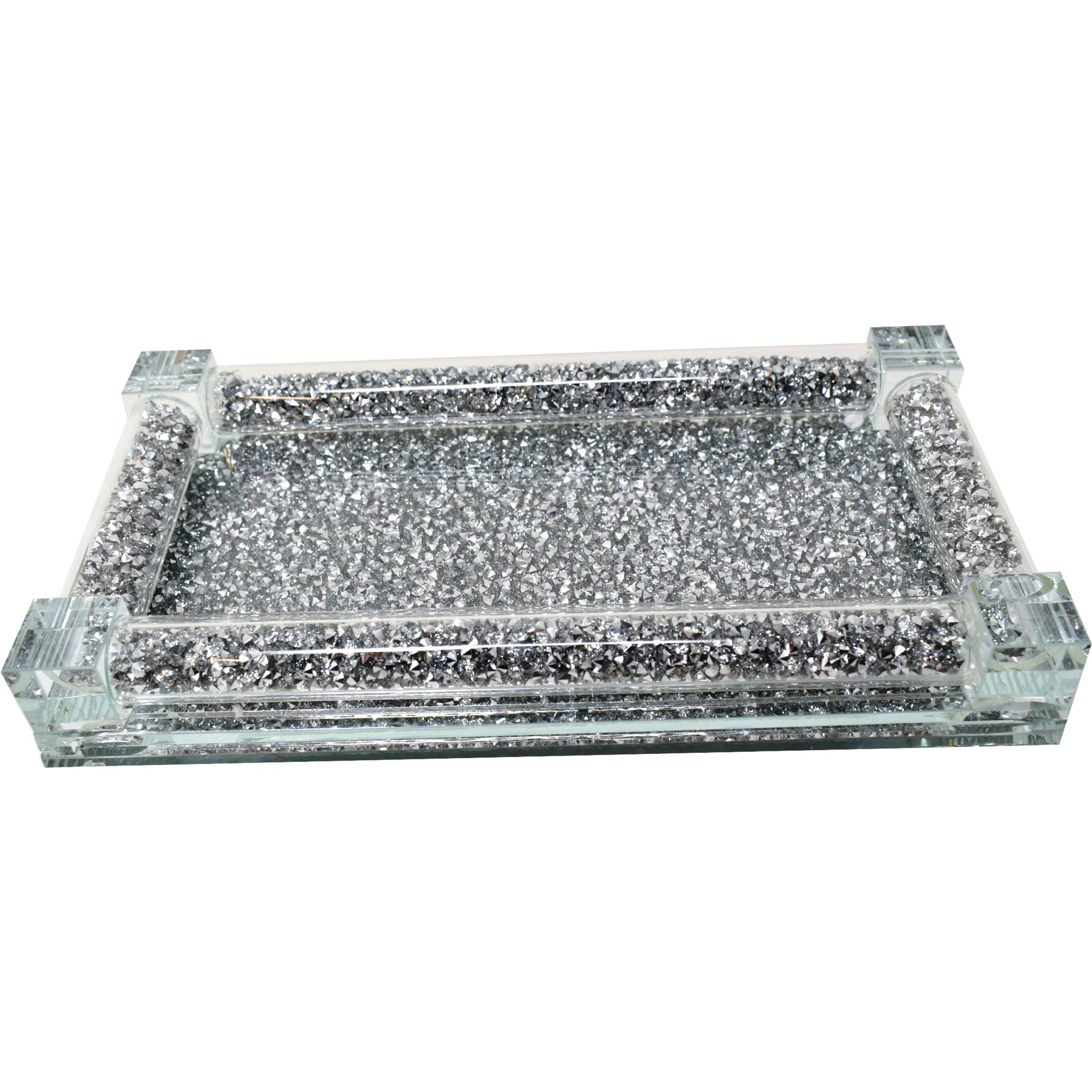 Glass Mirrored Tray with Crushed Diamonds Frame Rectangle Decorative Display Tray for Home Decor