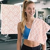 Workout Towels for Gym - 100% Cotton, Breathable, Soft & Absorb - Sweat Towel for Men & Women, Sports Hand Towel for Yoga, Shower, Tennis, Running, Exercise & Fitness, Pink Damask and Checkered