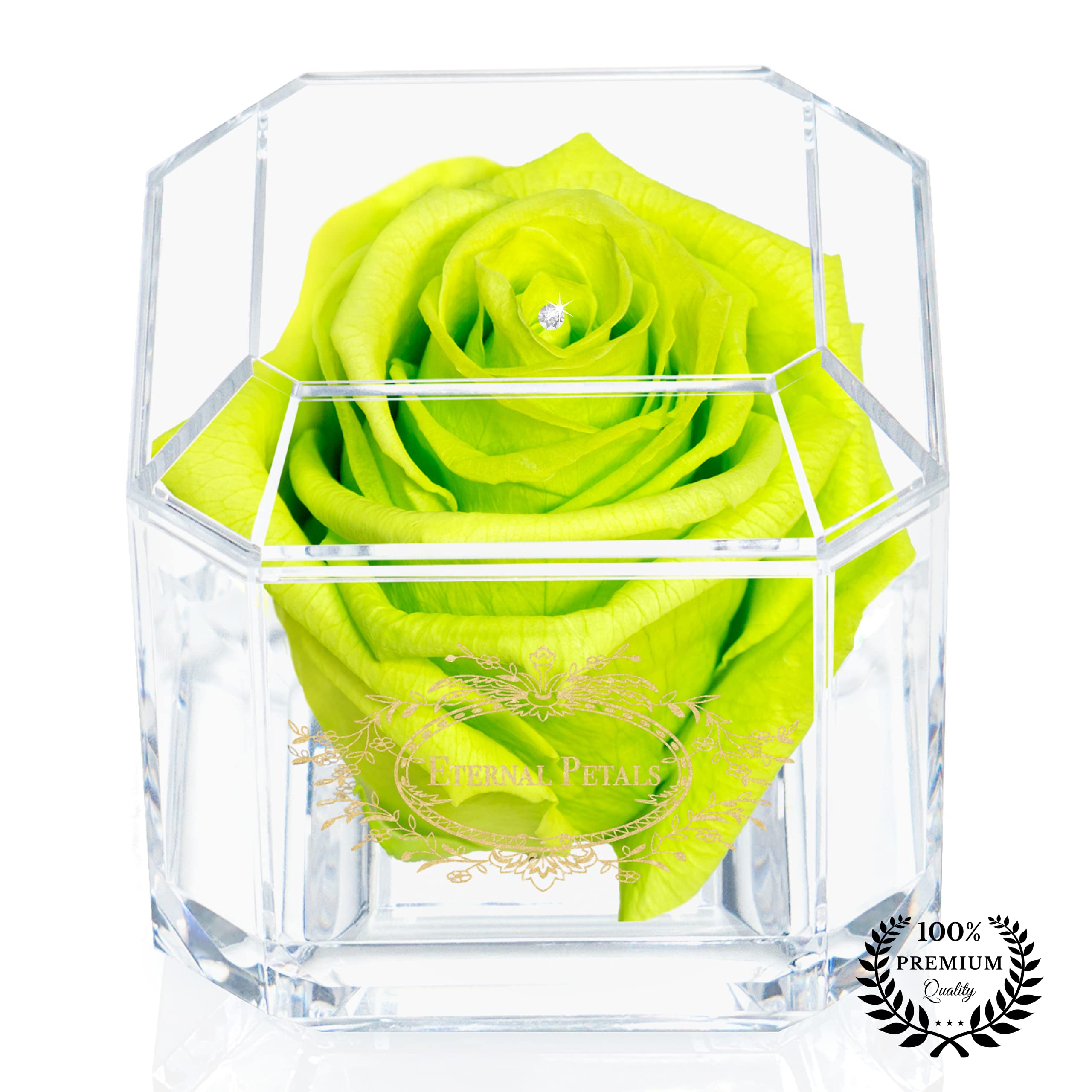 A 100% Real Rose That Lasts Years - Eternal Petals, Handmade in UK – Gold Solo with A Clear Crystal (Lime)