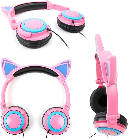 DURAGADGET Pink Cat Children's Headphones (with Blue LED