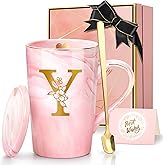 Coffee Mugs - Birthday Gifts for Women, Personalized Initial Customized Mug Tea Cup with Lid 14 Oz Pink, Spoon Greeting Card, Luxury Gift-Boxed Christmas Gift for Her Wife Mom Grandma Friend Unique,Y
