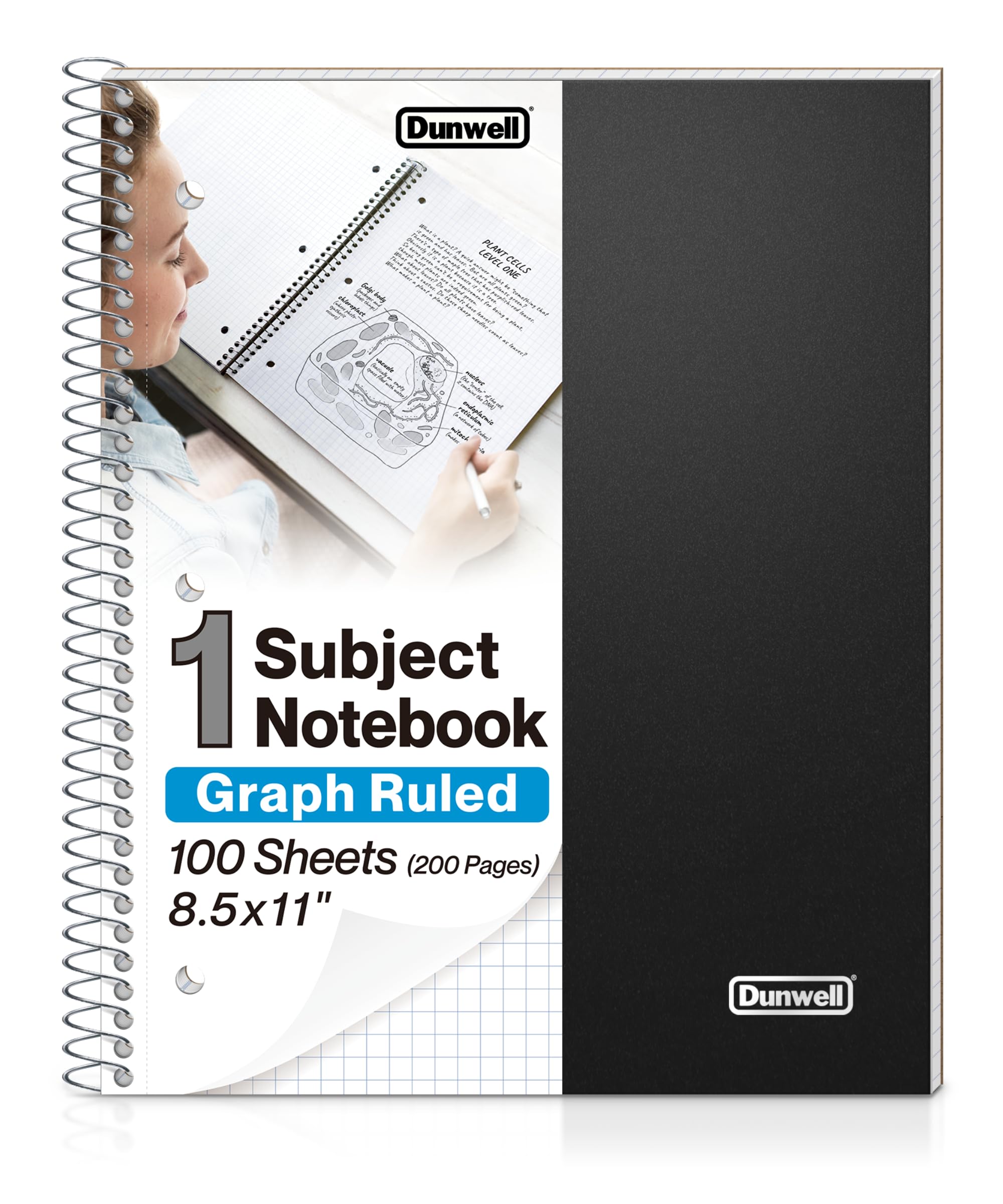 Photo 1 of Dunwell Graph Paper Notebook 8.5 x 11 (Black) Plastic Cover, 100 Sheets (200 Pages), 4x4 Squares, 1 Subject Graph Paper Spiral Notebook, 1/4" Grid, Pocket Divider, Easy Tear-Off, 3-Hole Punched