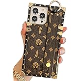 TRODINO Rectangle Leather Compatible with iPhone 14 Pro Max Case with Wristband Strap, Luxury Designer Phone Case for Women Girls, Hand Holder Kickstand Protective Bumper Cover 6.7” (Brown)