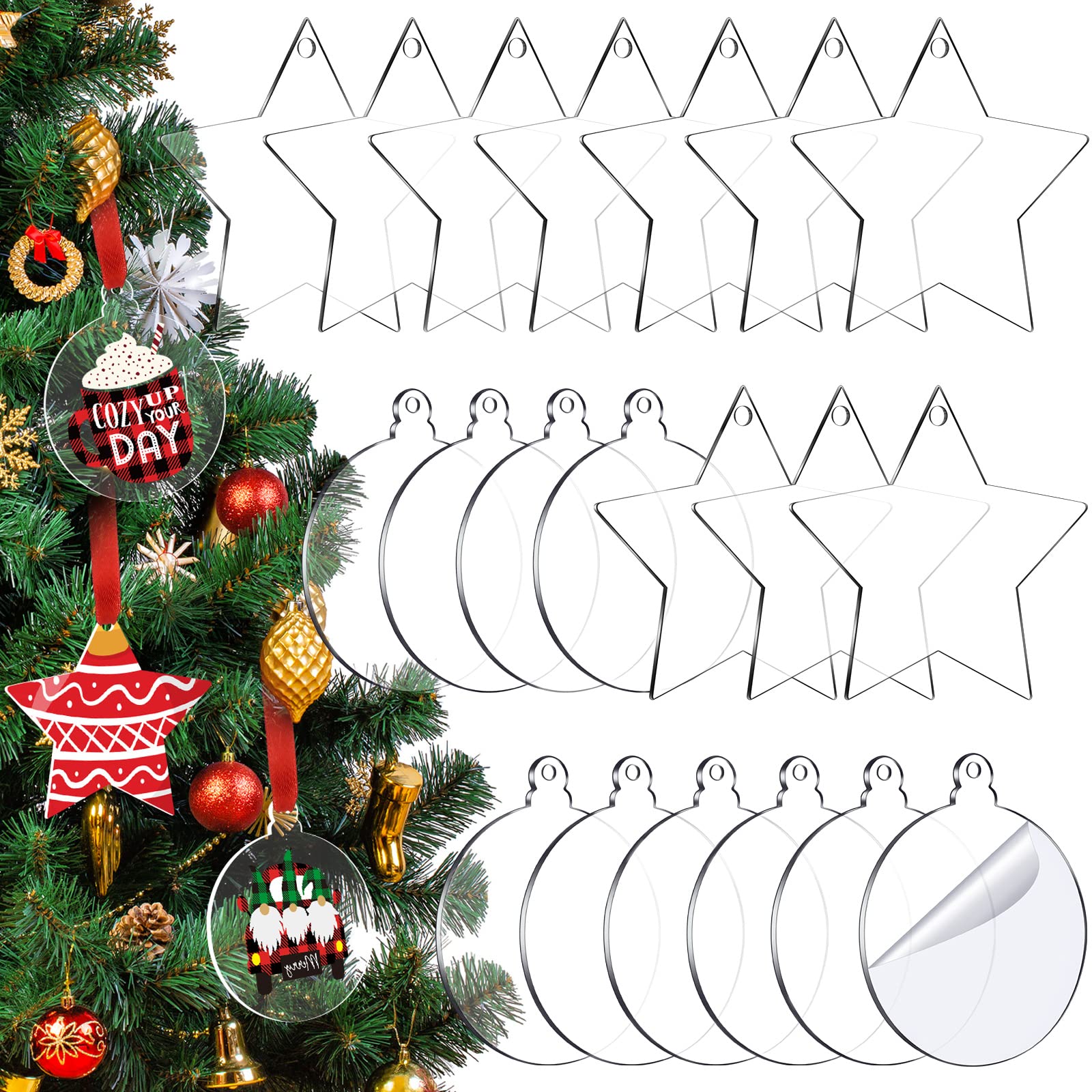 20 Pack Clear Acrylic Ornaments - Transparent Disc Ornaments with Red Ribbon - Flat Acrylic Tags for Crafts, Christmas Tree, Party (Star, Ball)