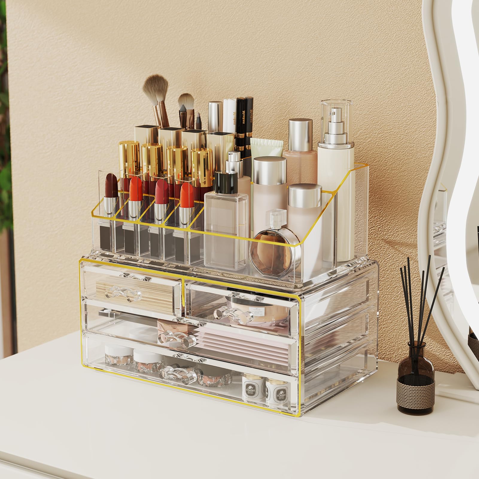 Photo 1 of Delamu 2pc 4-Drawer Makeup Organizer Countertop Cosmetic Storage for Vanity | Bathroom | Skincare | Perfume Storage, Casual Pairing No Assembly, Ideal Gift for Women, Clear with Luxe Gold Trim