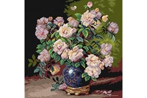 Wizardi Needlepoint Canvas for halfstitch Without Yarn Roses in a Cobalt Vase 3480L Orchidea