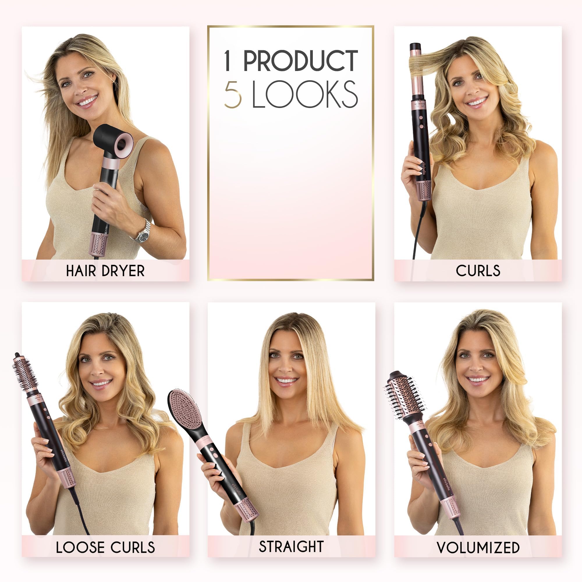 ELLA BELLA 6 in 1 Professional Hot Air Styler • Powerful Hair Dryer & Straightener Set • Styling Without Heat Damage • Fast Drying Curling Volumizing Straightening • Includes Protective Travel Case