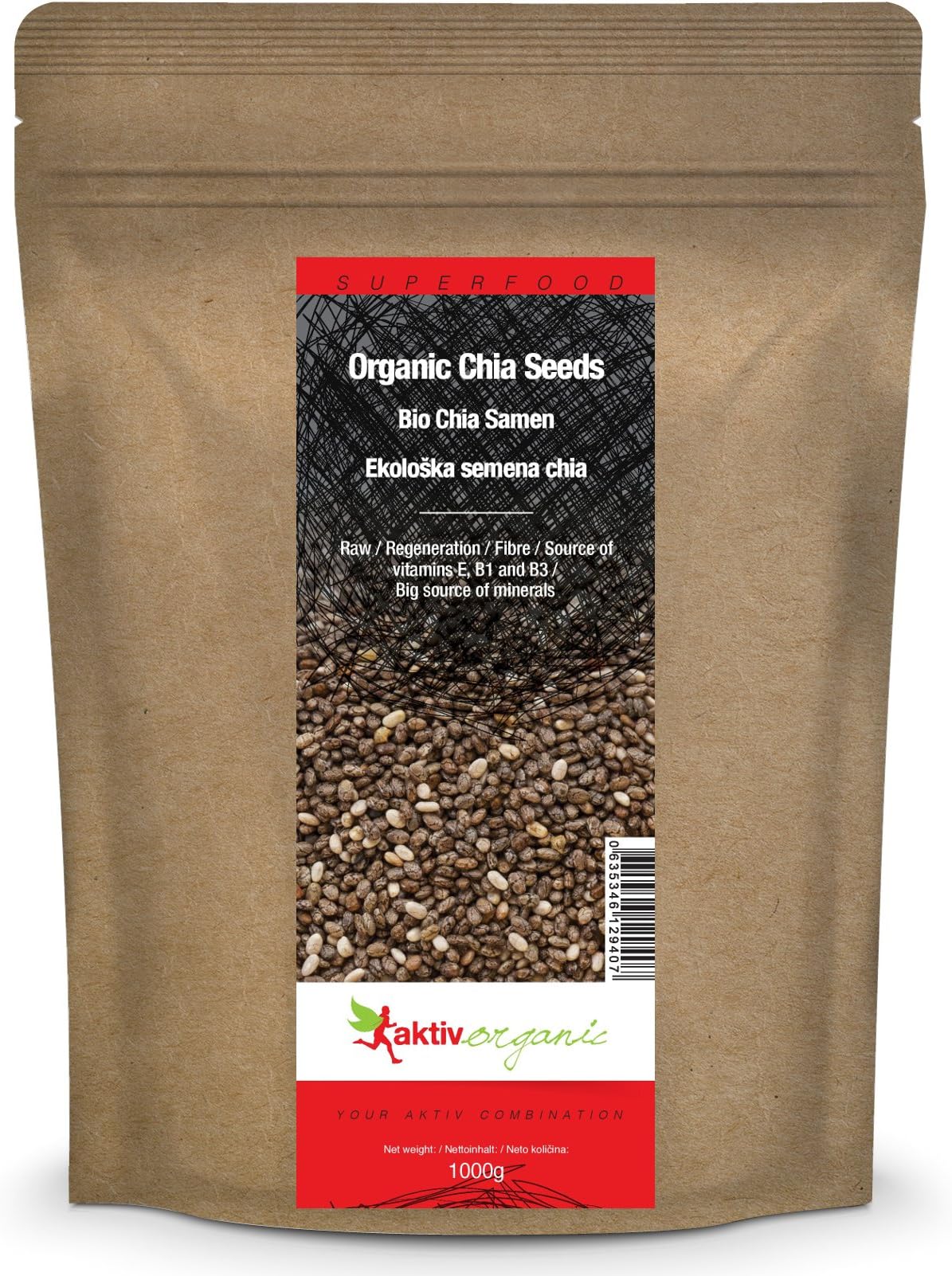 Aktiv Organic Raw Chia Seeds 1kg, Black, Certified Organic