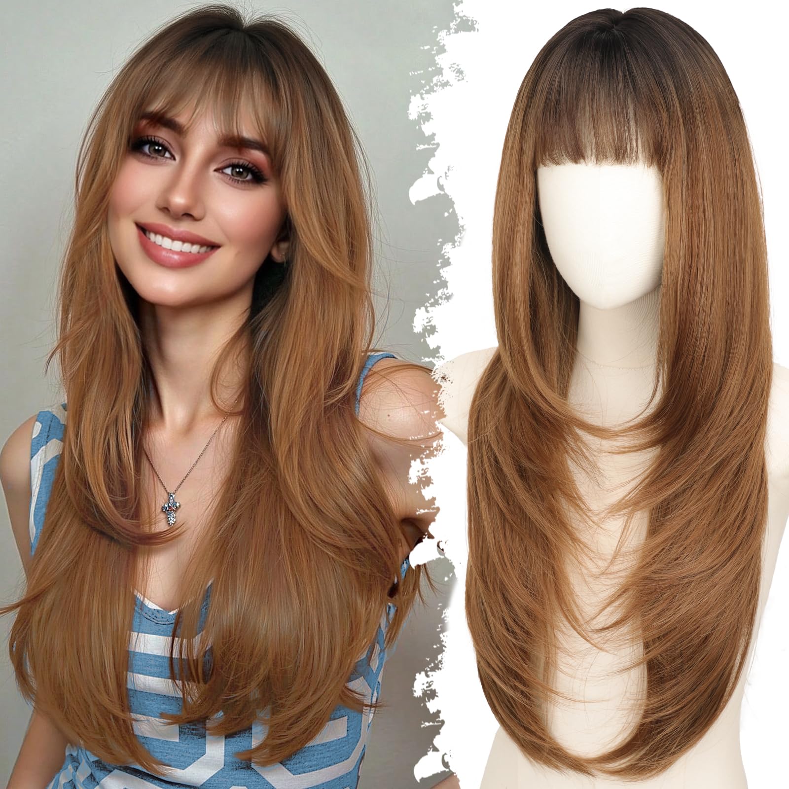 Photo 1 of Eawwii Long Light Brown Wig with Bangs for Women- Dark Root to Brown,4x4 Realistic Scalp,Free Parting,Layered Hairstyle Synthetic Heat Resistant for Daily Party Use 26 inch