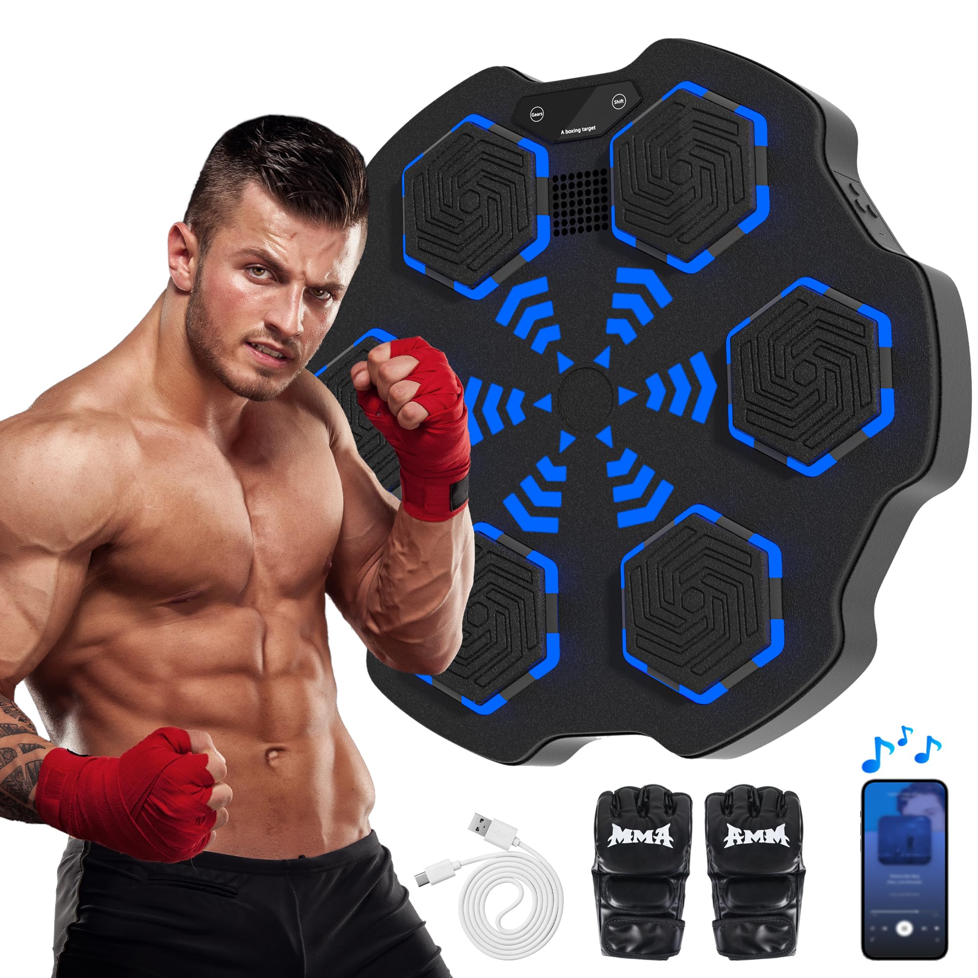 Photo 1 of FICTOR Music Boxing Machine, Smart Bluetooth Interactive Wall-Mounted Boxing Trainer, Ideal for Home Gyms & Fitness Enthusiasts, Perfect for Kids, Teens, and Adults (Classic Grey) (Black-Blue)