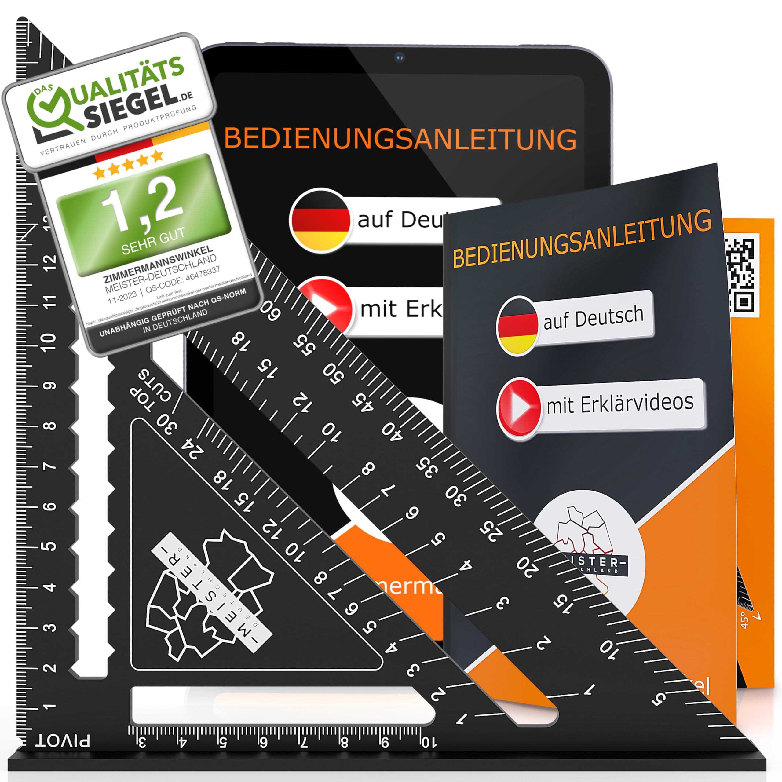 Carpenter's Square Multifunctional with Explanatory Videos - Metric Scribing Tool for Wood (CM, MM) - 180 mm - 45 90 Degree Angle Metal - Simple Woodworking with Carpenter's Square